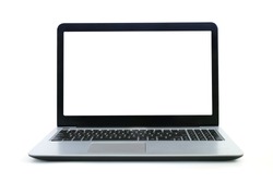 The front view of the laptop is a blank white screen on a white background which has a copyspace for inserting text or images.
