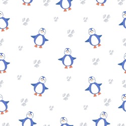 Cute penguins seamless pattern in minimalistic scandinavian style on white background. Penguin character doodle. Winter kids seamless vector pattern