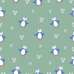 Cute penguins seamless pattern in minimalistic scandinavian style on green background. Penguin character doodle. Winter kids seamless vector pattern