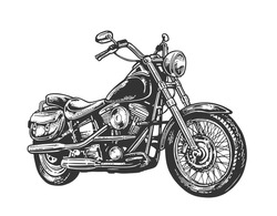 Motorcycle. Side view. Hand drawn classic chopper bike in engraving style. Vector vintage illustration isolated on white background. For web, poster, t-shirt, club.