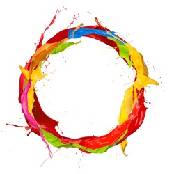  Colored paints splashes circle, isolated on white background
