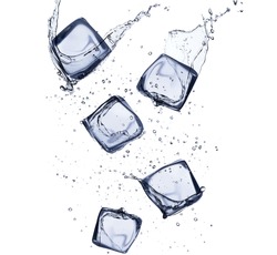 Collection of ice cubes with water splash, isolated on white background