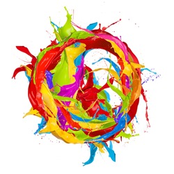 Colored paints splashes circle, isolated on white background