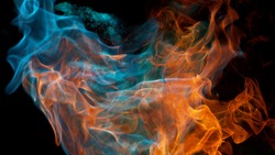 Abstract coloured mix flames isolated on black background. Realistic chemical fire blasts.