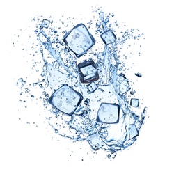 ice cubes with water splashes isolated on white background