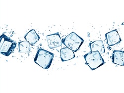 Falling ice cubes in water splashes isolated on white background