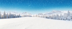 Beautiful winter panorama with fresh powder snow. Landscape with spruce trees, blue sky with sun light and high Alpine mountains on background