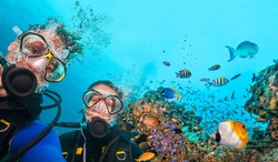 Couple of scuba divers looking at camera underwater. Beautiful coral reef with many fish on background