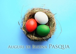 Happy Easter holiday Italian language card, eggs as the color of the Italy flag in nest
