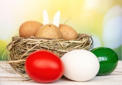 Easter eggs as the color of the Italian, Hungarian, Bulgarian flag red, white, green. Happy Easter holiday card for Italy, Bulgaria, Hungary	
