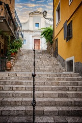 Stone steps lead up the many hills in Taormina, Sicily