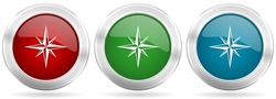 Compass vector icon set. Red, blue and green silver metallic web buttons with chrome border