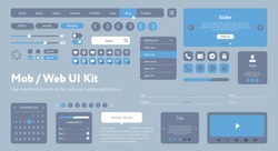 Vector UI UX kit for mobile applications and web sites. Universal user interface template with responsive design, tools and buttons. Flat menu icons and control elements on color blue background.
