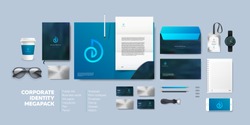 Realistic Business Branding mock-up of folder, blank A4, phone, envelope, notebook, badge and vizit card. Corporate Identity Brand Mockup set on light background. Blue seashell logo.