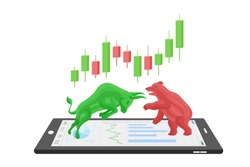 Bull and bear with graph on tablet,financial concept on white