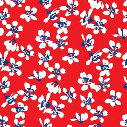 Hand drawn abstract ditsy flowers seamless pattern on red. Repeating floral vector pattern. Ditsy print in calico shabby chic.