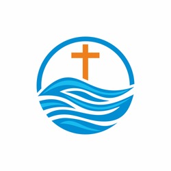 Logo church. Christian symbols. Waves, cross, streams of water alive.