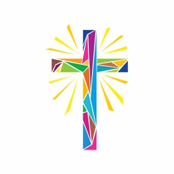 Church logo. Christian symbols. The Cross of Jesus Christ made up of colored elements, shine rays.