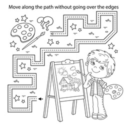 Handwriting practice sheet. Simple educational game or maze. Coloring Page Outline Of cartoon boy with brush and paints. Little artist with easel. Coloring book for kids.