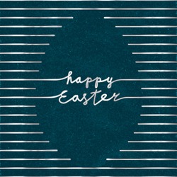 Happy Easter Silver Metallic Style Logo and Blank Egg Shape Created by Repeating Horizontal Lines with Lettering - Silver Elements on Blue Rough Paper Background - Hand Drawn Gradient Design
