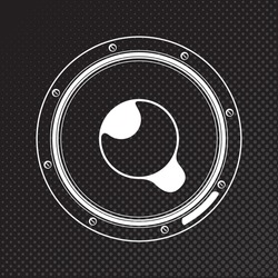 Acoustic Speaker Subwoofer Retro Sounsystem Style Inverted Icon - Black Stylized Loudspeaker Sign on Halftone Background - Vector Contrast Graphic Design