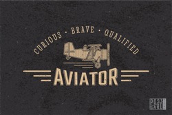Aviator Old Style Inverted Logo Lettering and Vintage Aircraft on Retro Postcard Front Side Blank Template - Beige Elements on Black Rough Paper Effect Background - Flat Graphic Design
