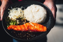 Hand Holding Grilled Salmon With Rice And Teriyaki Sauce On Dish 