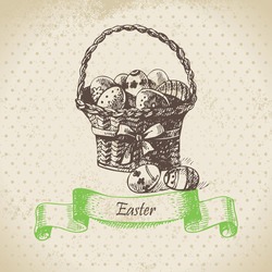 Vintage background with Easter bascket. Hand drawn illustration