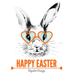 Hipster Easter rabbit. Card with sketch watercolor hand drawn illustration	