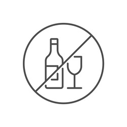 No alcohol sign related vector thin line icon. Bottle of wine and a glass in prohibitory sign. Isolated on white background. Editable stroke. Vector illustration.