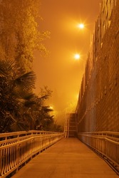 South foggy night street. Street path leading into dense fog. Long exposure. Blurred image.