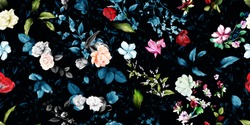 Wide vintage seamless background pattern. Rose, magnolia, peony, wild flowers with leaf on dark blue and black. Abstract, hand drawn, vector - stock.