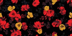 Wide vintage floral seamless background pattern. Red and yellow tulips with leaf on dark red. Abstract, hand drawn. Pure vector style.