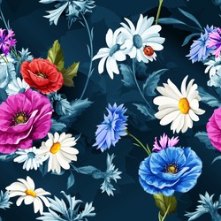 Seamless pattern of poppy flowers with chamomile (camomile), leaves,  cornflowers and ladybug on dark blue. Vintage style. Vector stock.