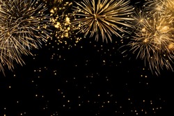 fireworks on black background, frame or border from golden sparks and firecrackers isolated