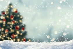 blurred christmas tree, snow, christmas, background