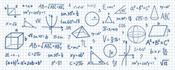 Hand drawn math symbols. Math symbols on notebook page background. Sketch math symbols.