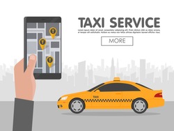 Phone with interface taxi on screen on background the city. Mobile app for booking service. Flat vector illustration for business, info graphic, banner, presentations.