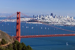San Francisco Panorama w Golden gate bridge from San Francisco Bay
