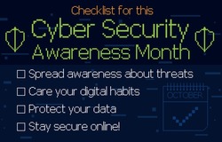 Pixelated design with shield, calendar, symbols and checklist for use during Cyber Security Awareness Month in October.