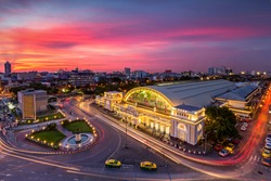 Bangkok Railway Station(Hua Lamphong Railway Station,MRT) at sunset Bangkok,Thailand.