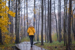 Young woman in yellow warm jacket slowly walking on wet wooden trail at natural park in rainy cold autumn evening. Spending time alone in nature. Peaceful atmosphere. Back view. 