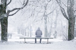 Young man sitting on bench between trees at park in white winter day after blizzard. Fresh first snow. Thinking about life. Spending time alone in nature. Peaceful atmosphere. Back view.