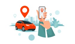 Vector illustration of autonomous wireless parking remote connected car sharing service controlled via smartphone app. Hands holding phone location mark of smart electric car in modern city skyline.