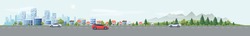 Flat vector cartoon style illustration urban landscape street with cars, skyline city office buildings, family houses in small town and mountain with green trees in background. Traffic on the road. 