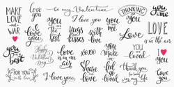 Romantic lettering set. Calligraphy postcard or poster graphic design typography element. Hand written vector style happy valentines day sign. Love in the air You make me happy Together forever