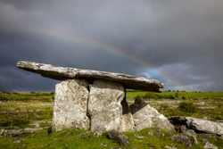 Poulnabrone Dolmen, Clare, Ireland, with rainbow sky