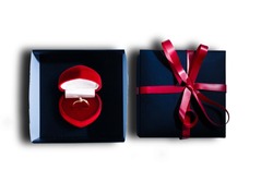 open black red gift box for Christmas and New Year's Day gift boxes for jewelry on a white background. top view. gift concept