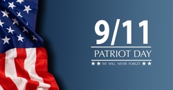 9 11 USA Never Forget September 11, 2001. Patriot Day USA poster or banner. Black background, red, blue colors