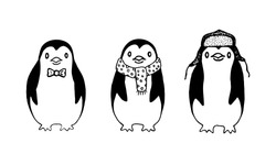 Set of three funny sketch penguins on white background.